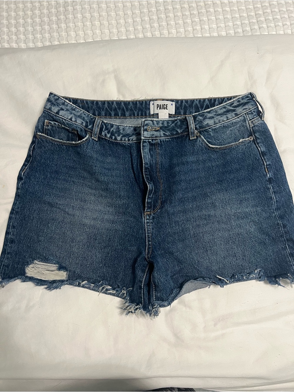PAIGE Distressed Dark Blue Denim Cutoff Shorts